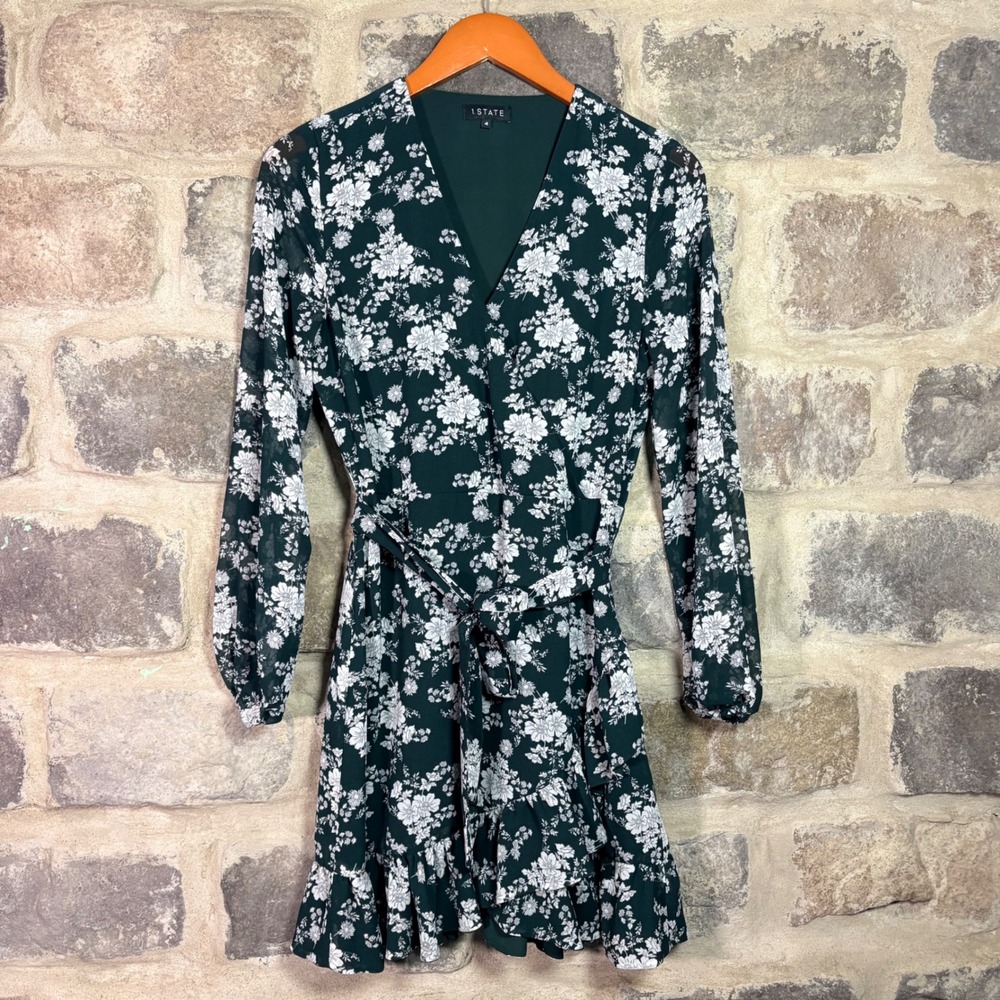 1.STATE Women's Forest Green Floral Chiffon Faux Wrap Ruffle Mini Dress Size 4‎